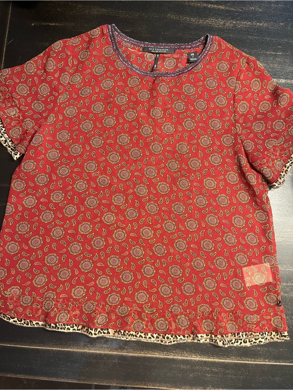 Scotch & Soda Red Paisley Short Sleeve Blouse with Leopard Trim